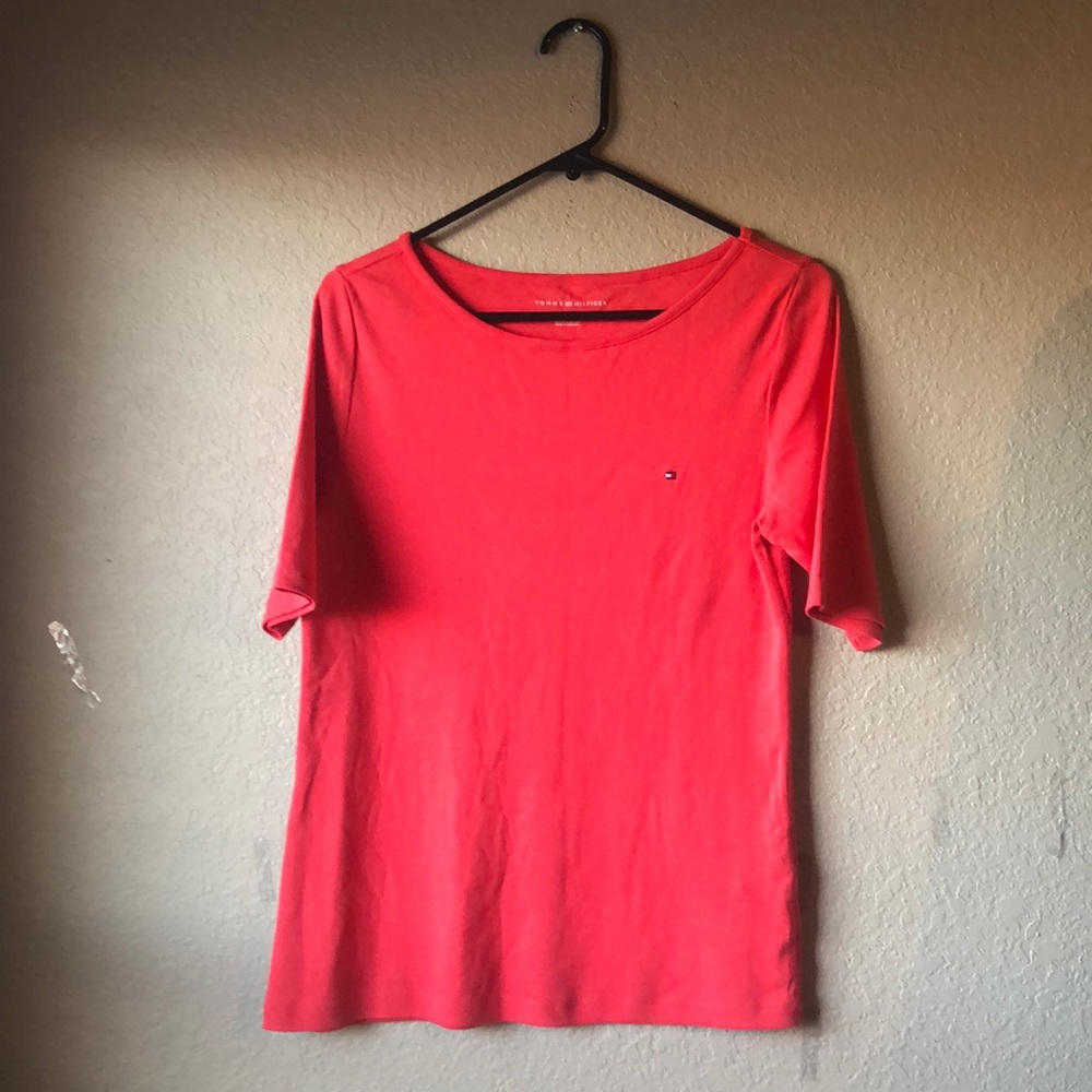 Women’s Shirt Top Tommy Hilfiger Orange Short Sleeve Crew Neck Shirt Size Medium - Picture 1 of 10